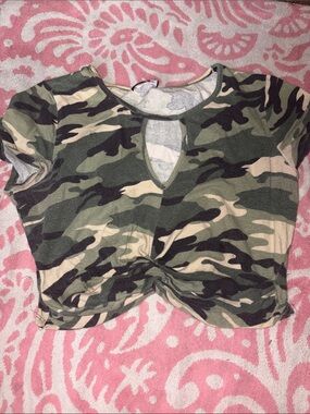 Fashion Magazine Green Camo Knot-Front Crop Top
